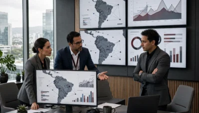 Profesionales analizando mapas de Sudamérica y gráficos de datos en pantallas de una oficina moderna