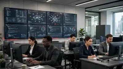 Equipo de profesionales de ciberseguridad trabajando en un centro de operaciones con pantallas de monitoreo de código, redes y gráficos