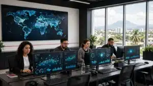 Equipo de especialistas en ciberseguridad monitoreando paneles de red en un centro de operaciones con mapa mundial de conexiones