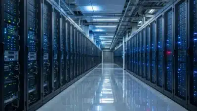 Pasillo de un centro de datos con racks de servidores iluminados en Puerto Rico