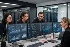 Equipo de ciberseguridad analizando código y datos en un centro de operaciones de seguridad con servidores