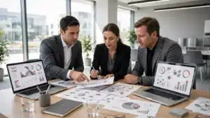 Tres profesionales de negocios revisando documentos con gráficos y diagramas sobre una mesa con dos computadoras portátiles en una oficina moderna.