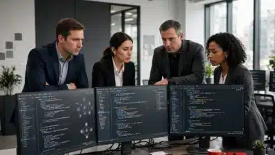 Equipo de profesionales corporativos analizando hacking ético en una oficina moderna