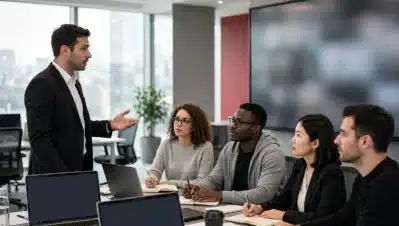 Especialista en hacking ético capacitando a un equipo sobre ingeniería social en una oficina corporativa