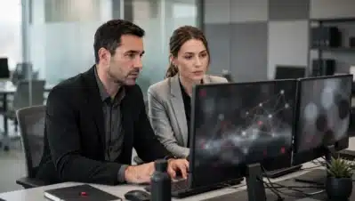 Equipo profesional de hacking ético revisando código en monitores de una oficina moderna de ciberseguridad