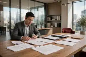 Abogado revisando documentos legales sobre un escritorio en una oficina corporativa moderna