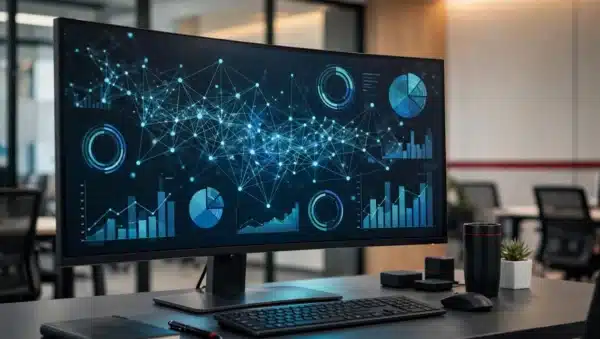 Monitor panorámico con paneles abstractos de análisis de red en una oficina corporativa