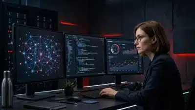 Especialista en ciberseguridad analizando una red, código y paneles de seguridad en tres monitores en una sala oscura.