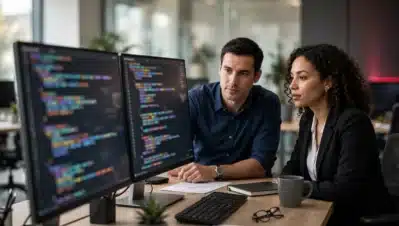 Dos profesionales corporativos revisando código en monitores duales en una oficina moderna