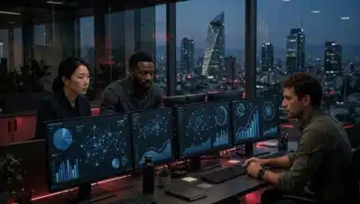 Equipo de pentesting analizando gráficos de seguridad en monitores en una oficina con vista a la Ciudad de México